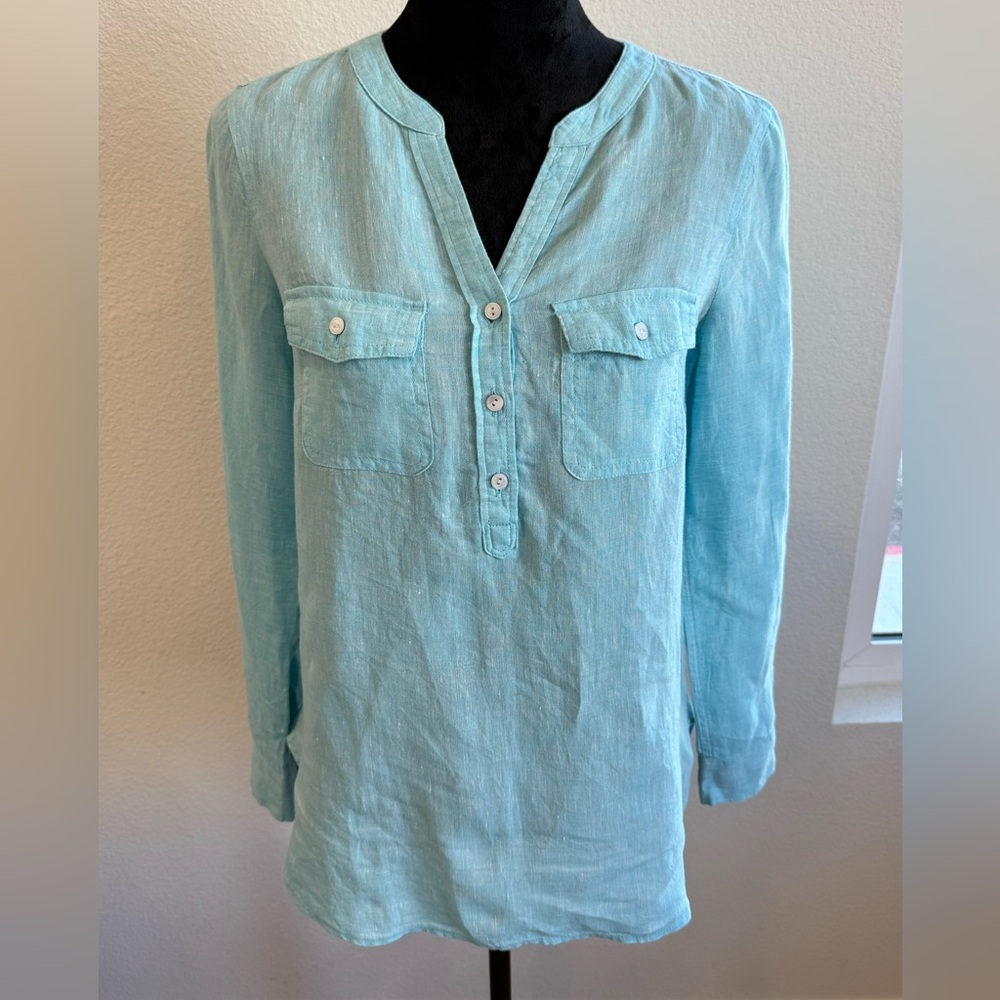 Talbots Aqua Blue 100% Linen Popover Tunic Top XS